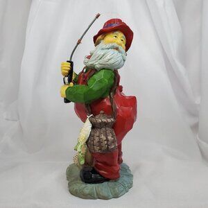 VTG Fishing Santa Claus Figurine Holding Rod & Fish Snagged his Bottom 9" Tall